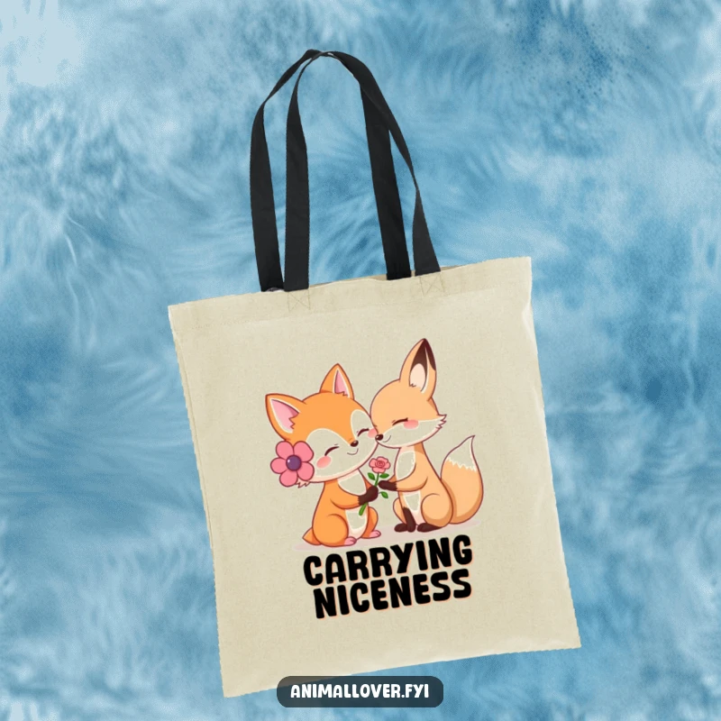 Funny tote bag with a smiling fox offering a flower to another animal, perfect for everyday use.
