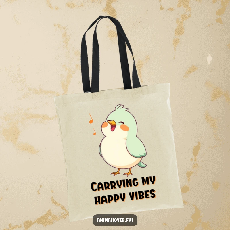 Funny bird tote bag with a happy, puffed-chested bird singing a cheerful tune, ideal for carrying essentials musically.
