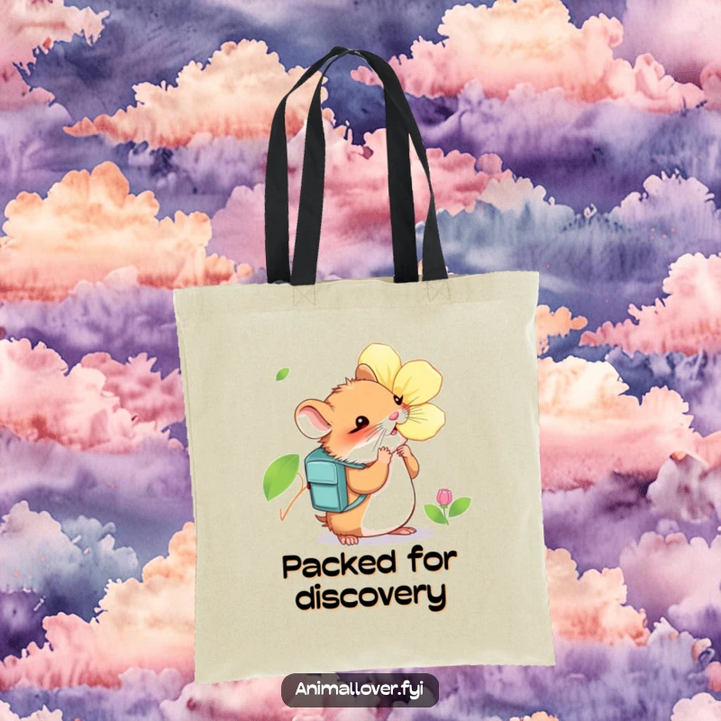 Funny Hamster Tote Bag: A durable bag featuring a curious hamster with a tiny backpack eagerly sniffing a large, colorful flower.