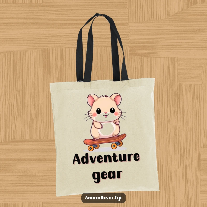 Funny tote bag with a playful hamster zipping along on a tiny skateboard, ready for errands.
