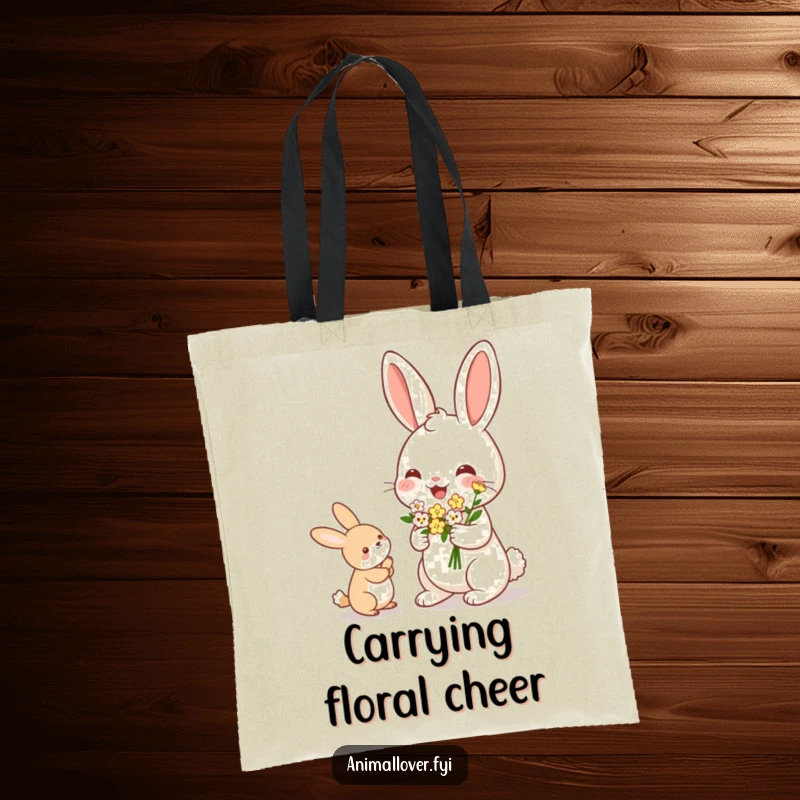 Funny Rabbit Tote Bag: A durable bag featuring a cheerful rabbit presenting a bouquet of tiny flowers to another creature.