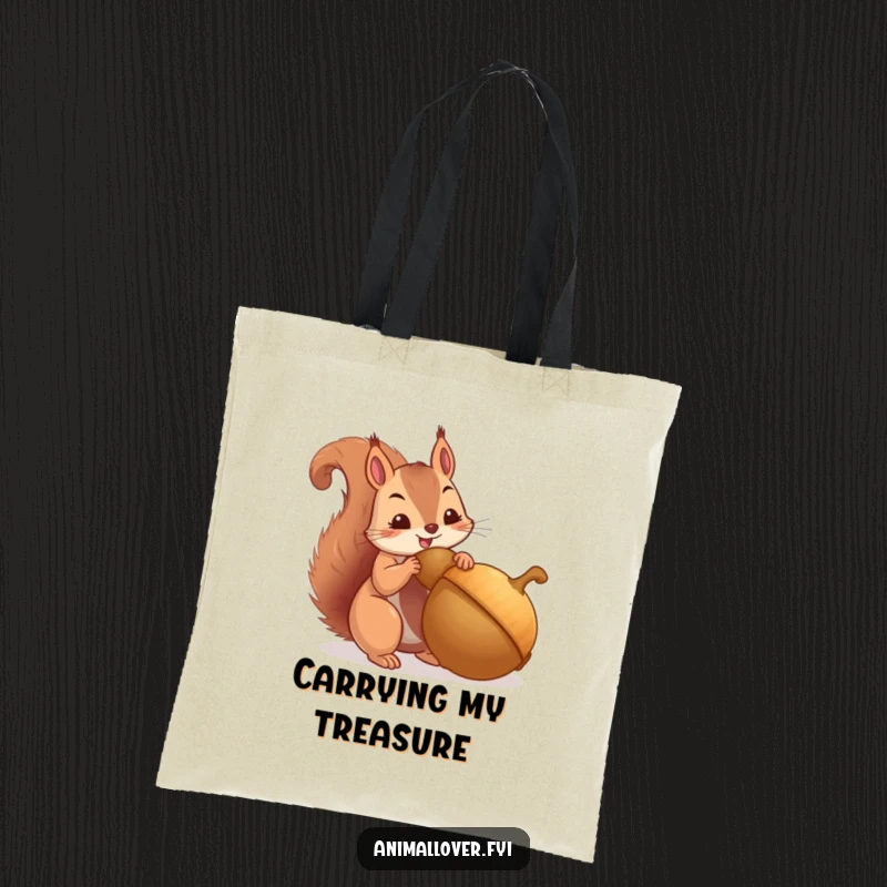 Funny tote bag with a squirrel hoarding a giant acorn, perfect for carrying groceries or essentials. A humorous accessory.