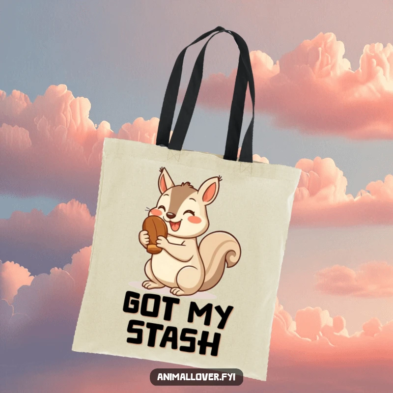 Funny squirrel tote bag with a cheerful squirrel holding a nut and giving a thumbs up, perfect for carrying items with joy.
