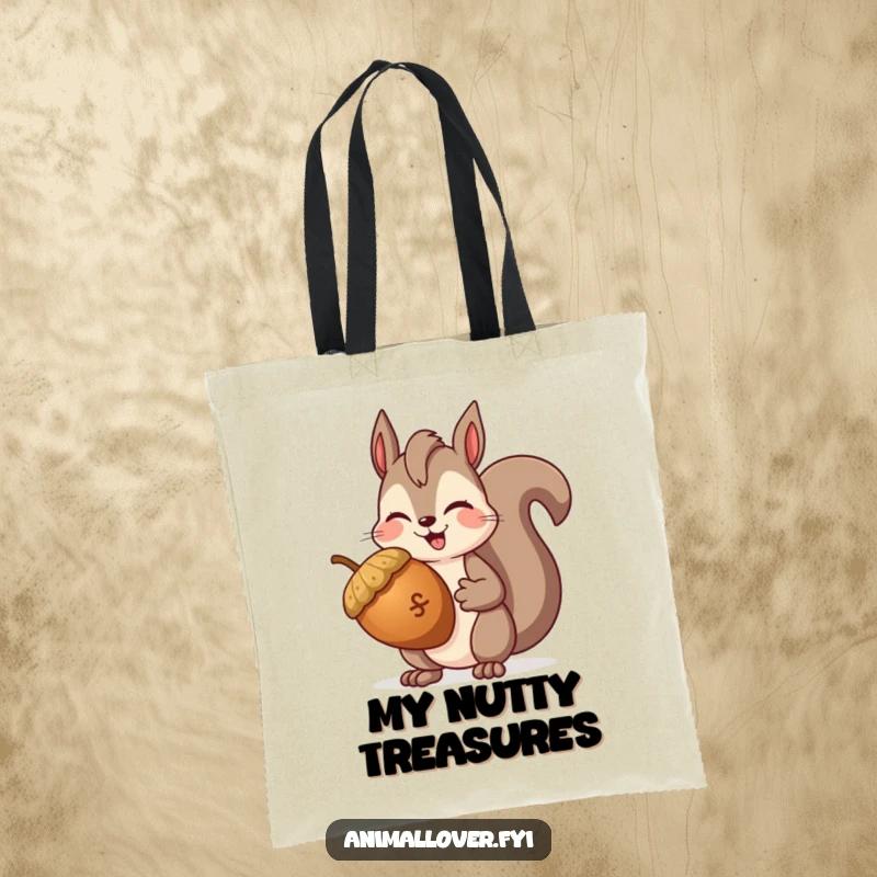 Funny Squirrel Winking Tote Bag featuring a cheerful squirrel holding a giant acorn and giving a wink, great for shopping.