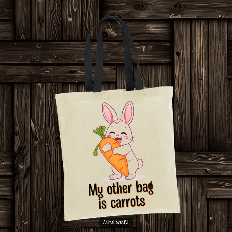 Funny tote bag featuring a ecstatic bunny embracing a huge carrot, perfect for grocery runs or errands. A humorous accessory.