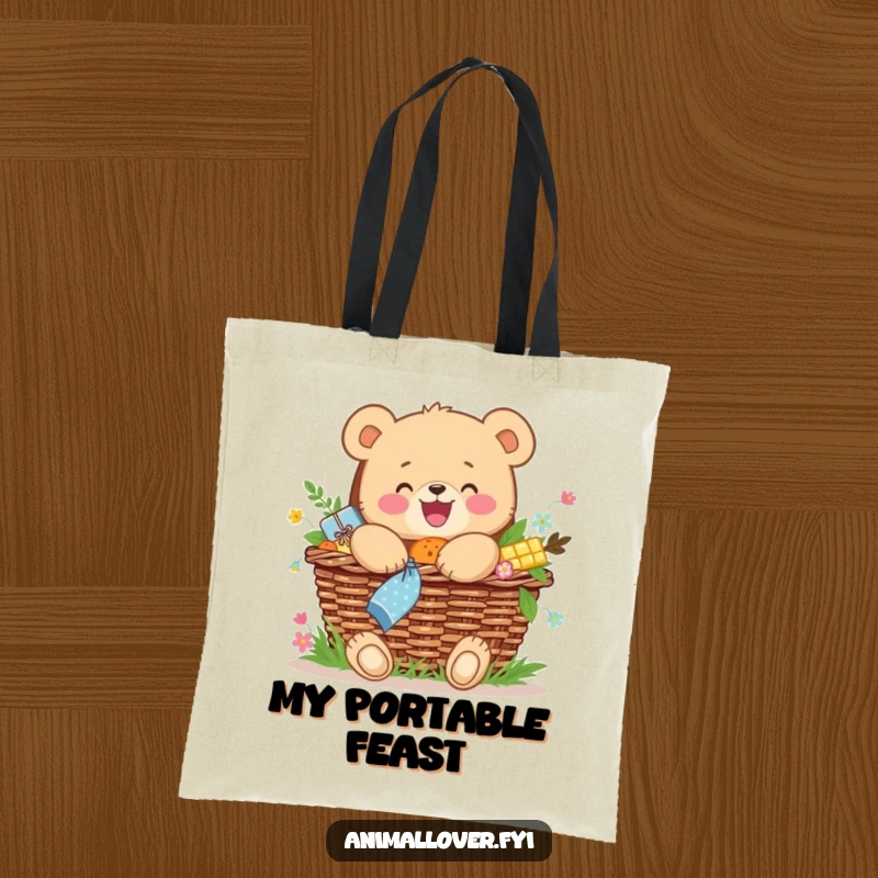 Funny tote bag with a joyful bear cub hugging an overflowing picnic basket, great for shopping.