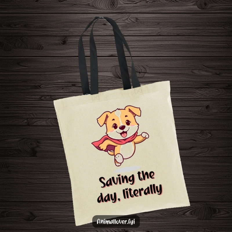 Funny Dog Tote Bag featuring a dog in a cape, running with super energy, ready to tackle any task.