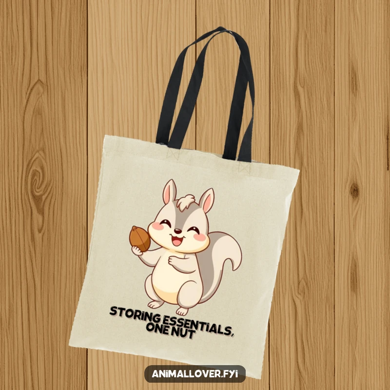 Funny tote bag graphic of a happy squirrel offering a nut with a big, friendly smile, a symbol of sharing.